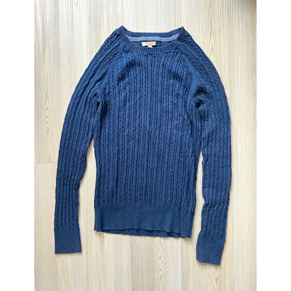 Sonoma Life + Style Women's Blue Cotton Cable Knit Crewneck Raglan Sweater Sz M